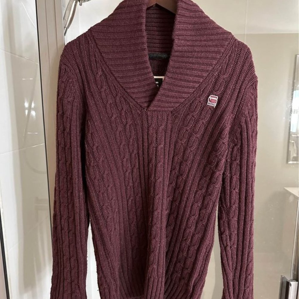 G-Star Raw Mens Correct Line Nimrod Shawl Collar Knit Pullover Sweater, Burgundy